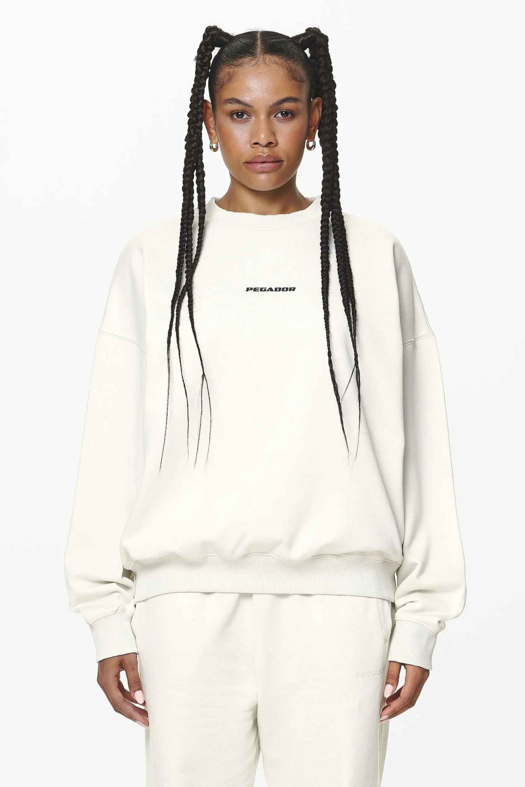 Pegador Sweaters|Aelva Logo Heavy Oversized Crew Neck Washed Salty Cream