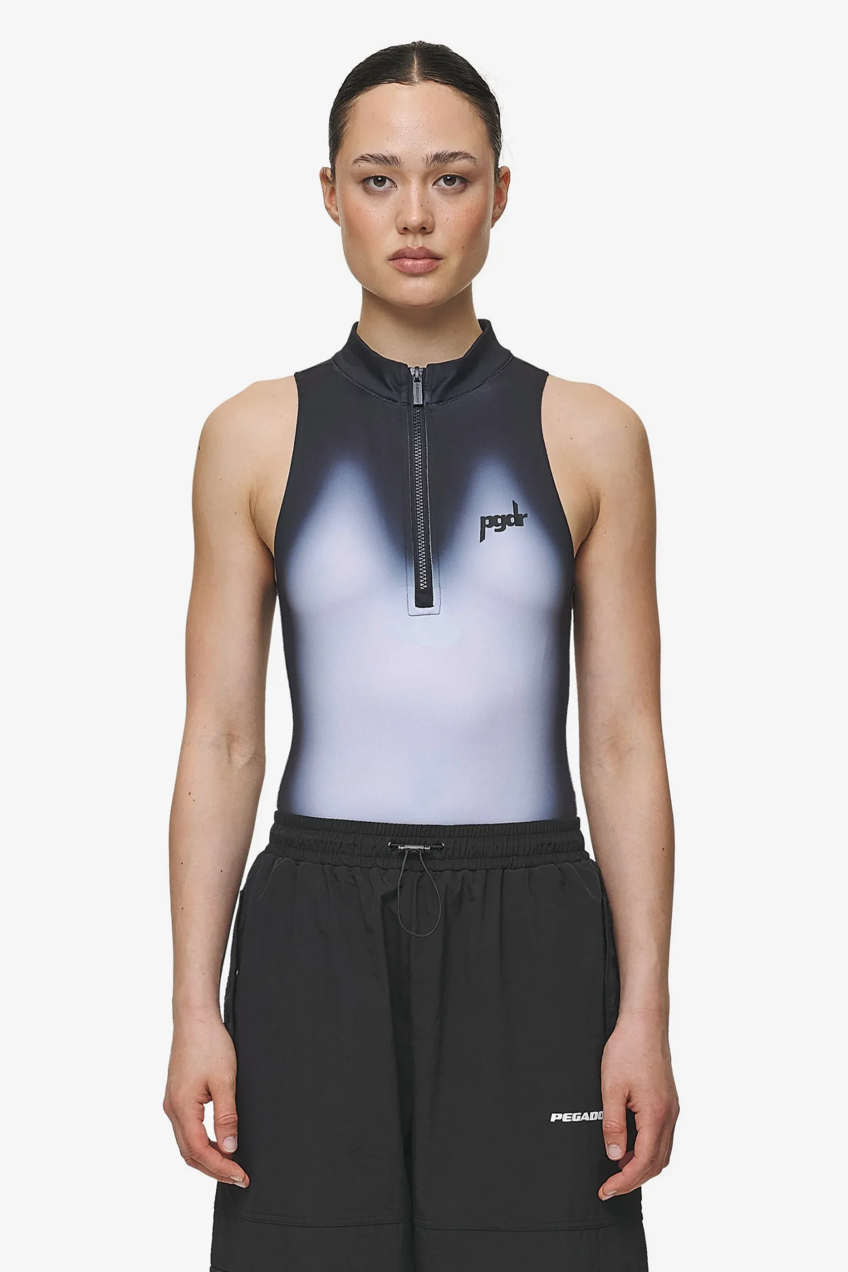 Pegador Bodysuits|Ashira Sprayed Zip Bodysuit Black White
