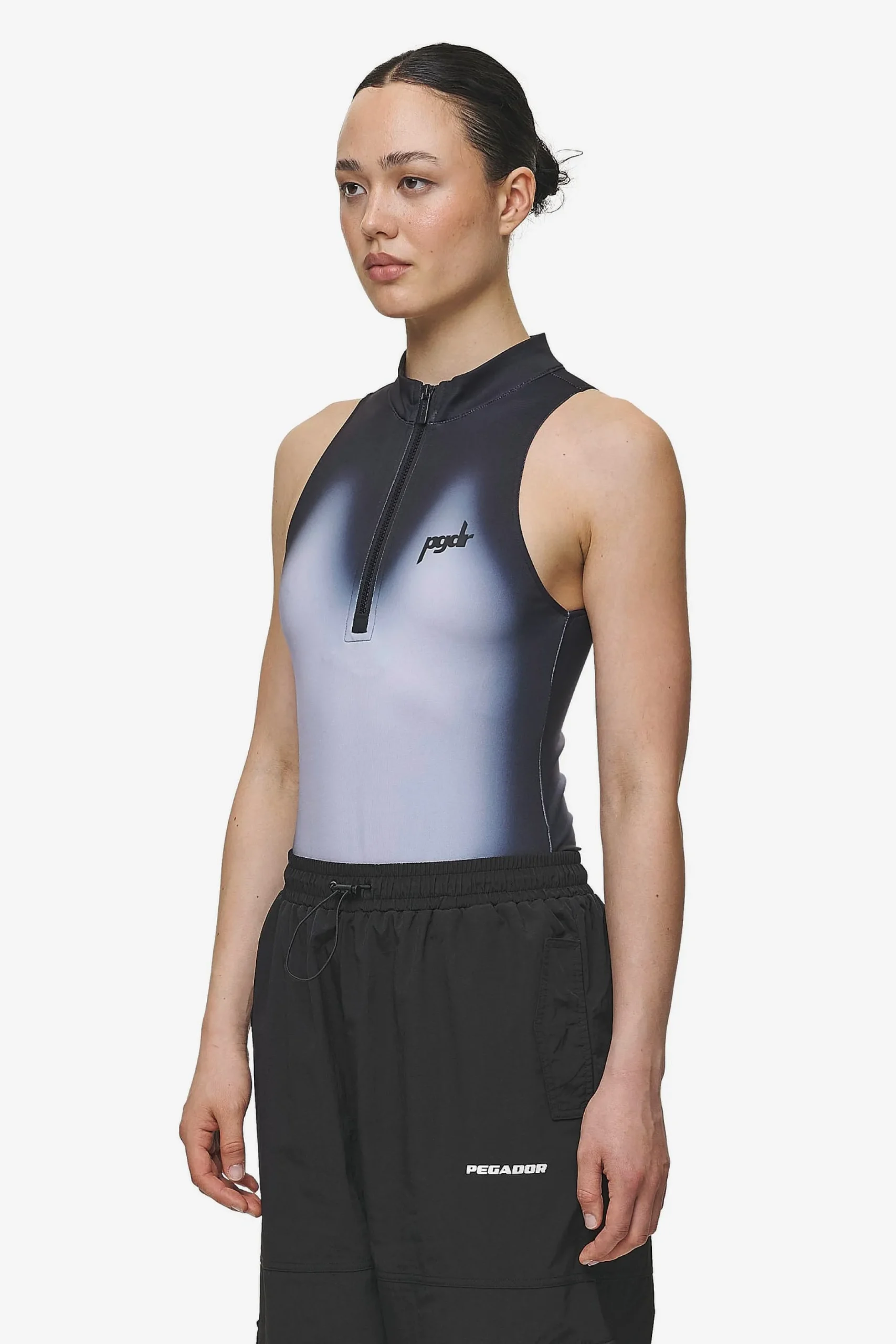 Pegador Bodysuits|Ashira Sprayed Zip Bodysuit Black White
