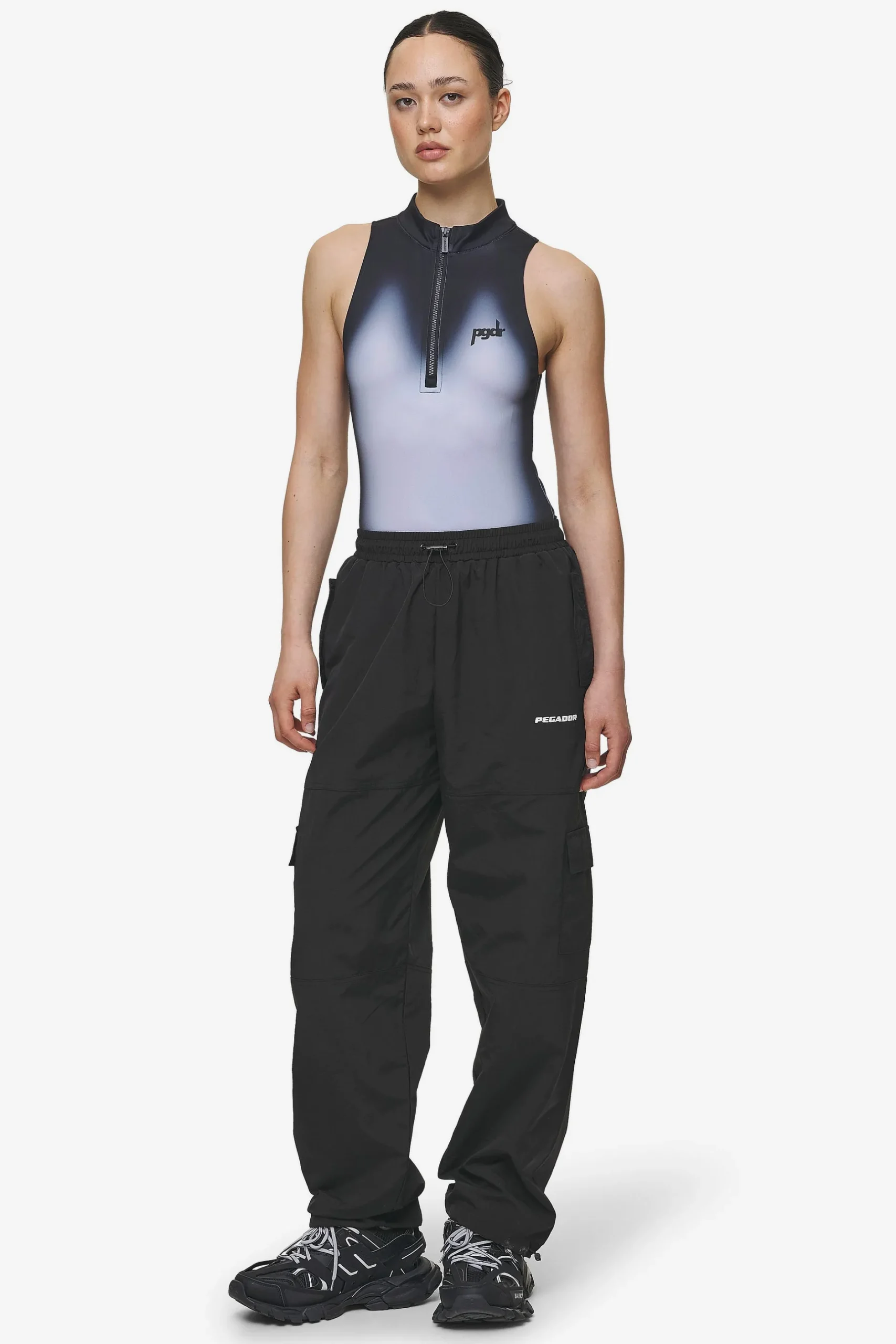 Pegador Bodysuits|Ashira Sprayed Zip Bodysuit Black White