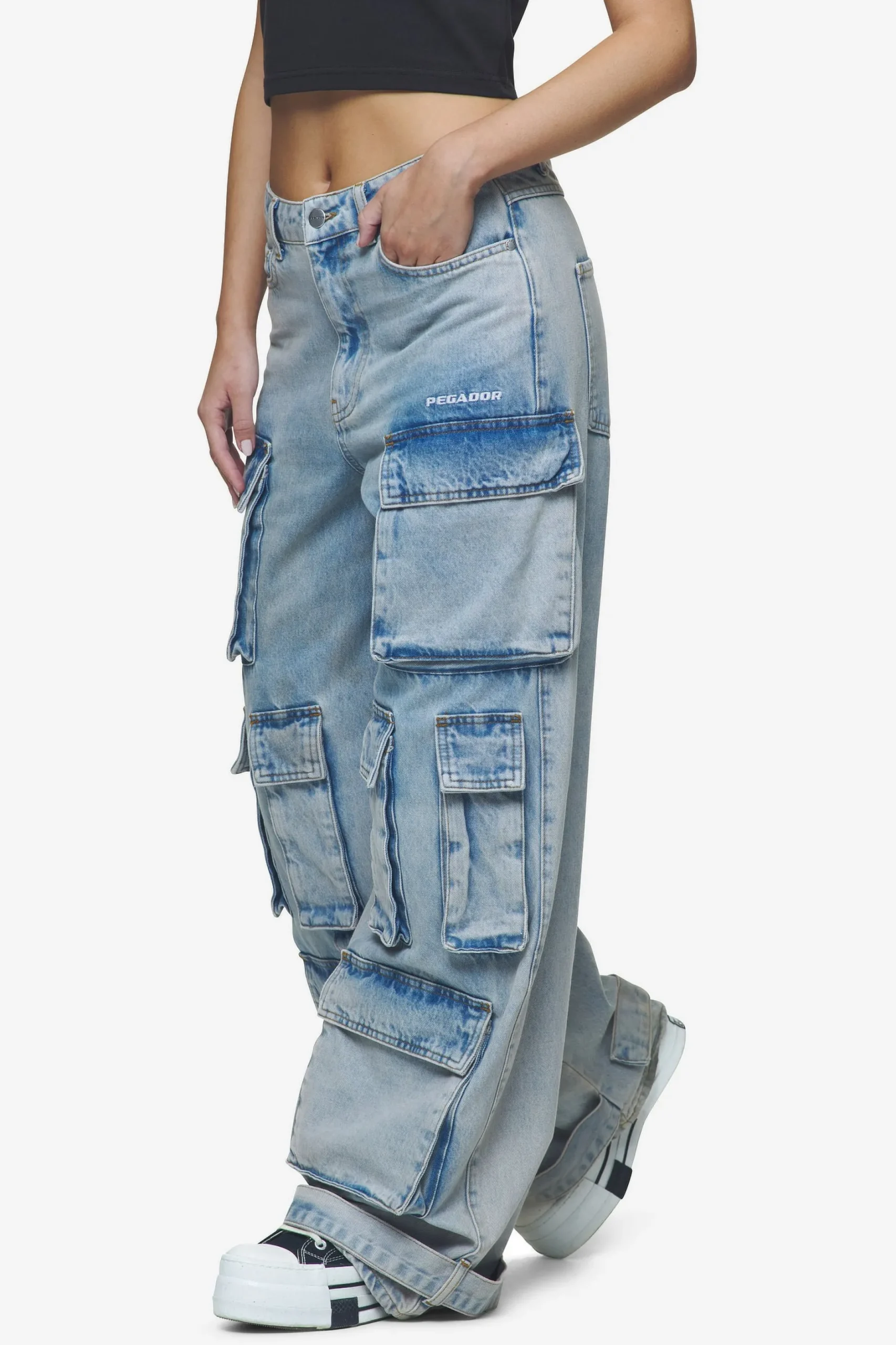 Pegador Jeans|Celina High Waist Cargo Jeans Washed Pale Blue