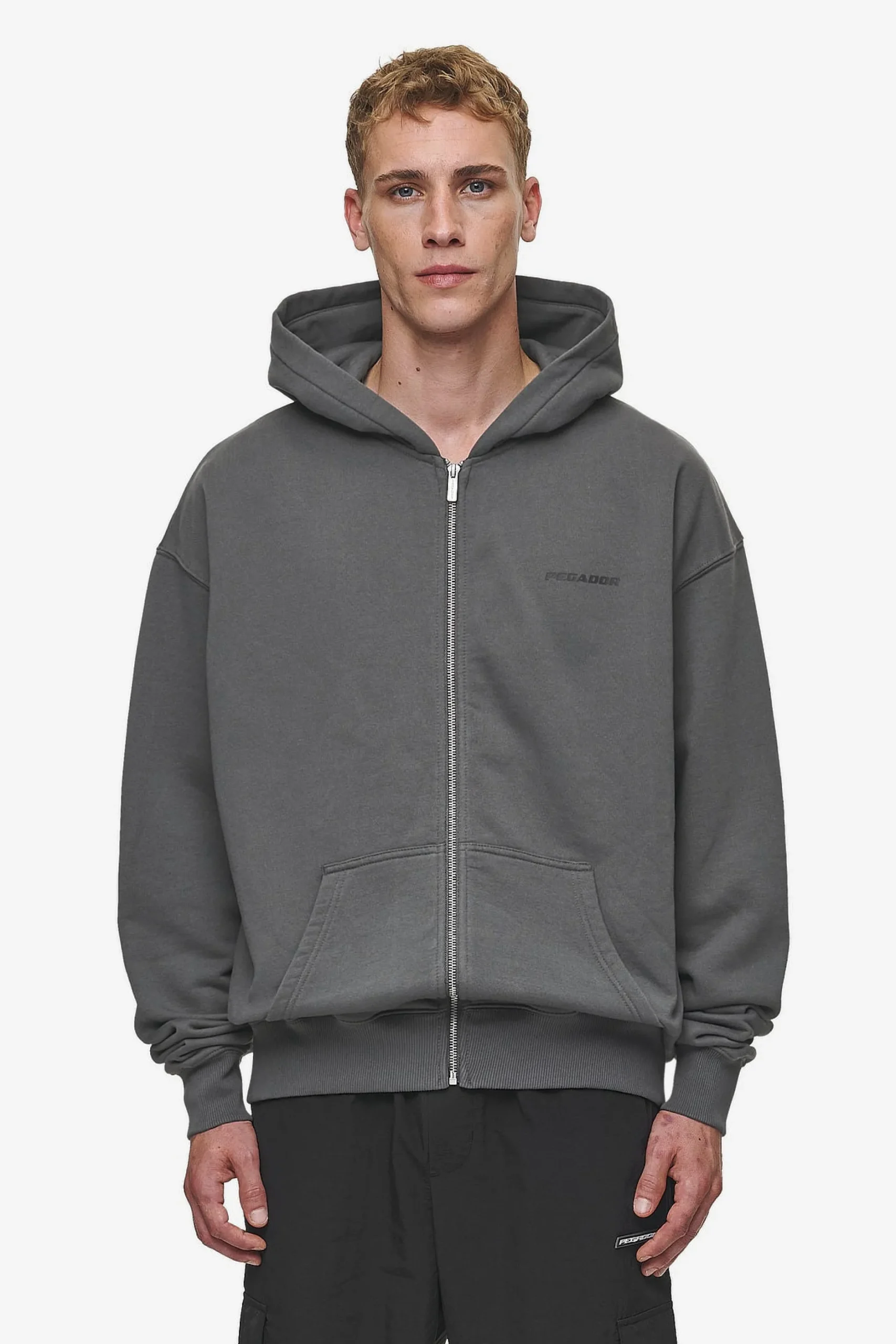 Pegador Hoodies|Zip Hoodies|Colne Logo Oversized Sweat Jacket Washed Anthracite Black