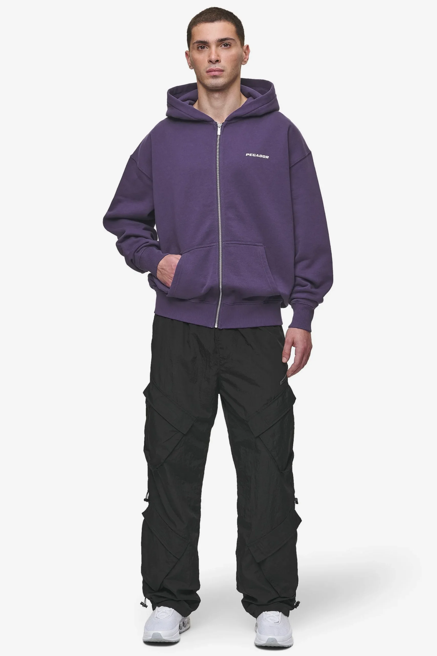 Pegador Hoodies|Zip Hoodies|Colne Logo Oversized Sweat Jacket Washed Deep Purple White