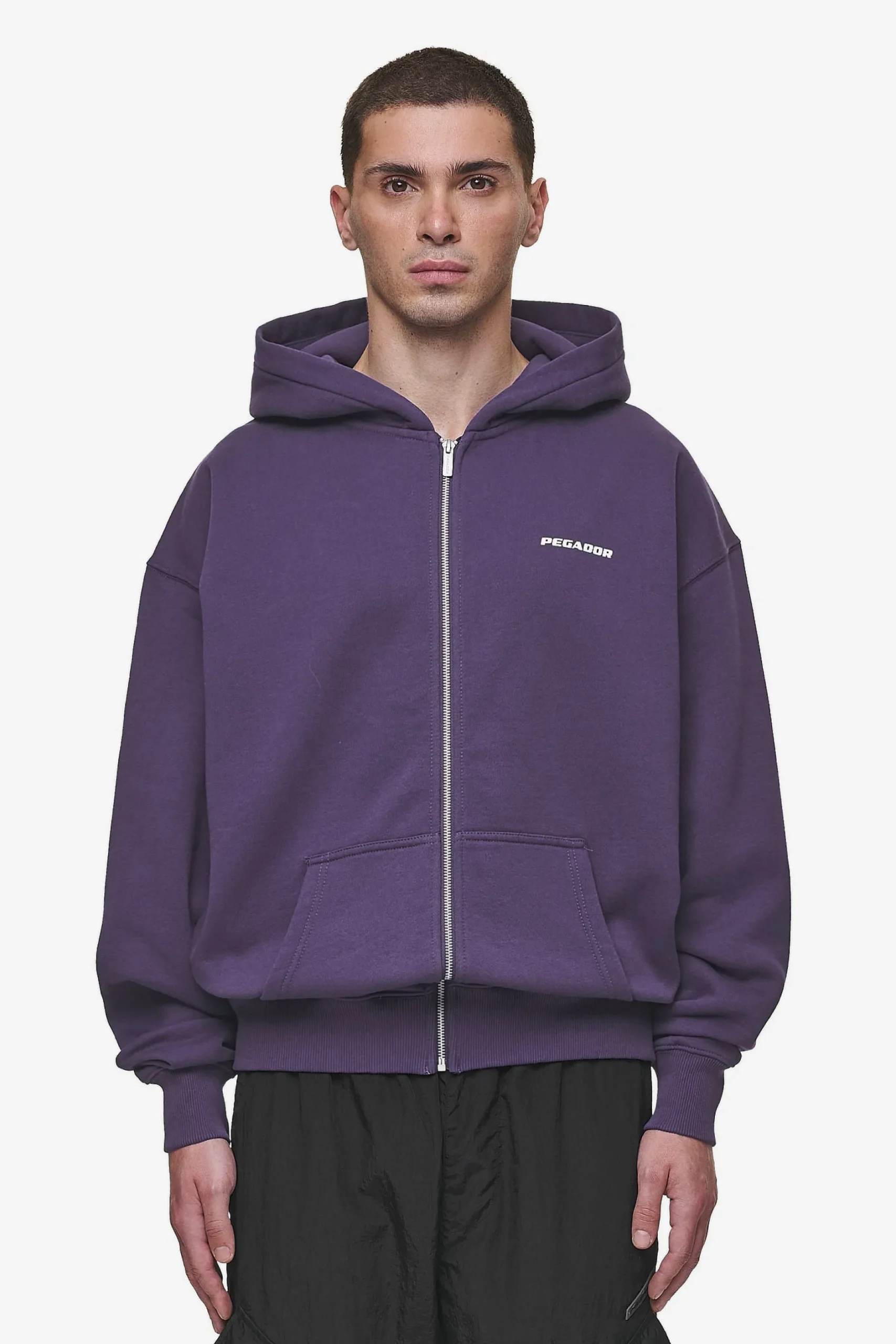 Pegador Hoodies|Zip Hoodies|Colne Logo Oversized Sweat Jacket Washed Deep Purple White