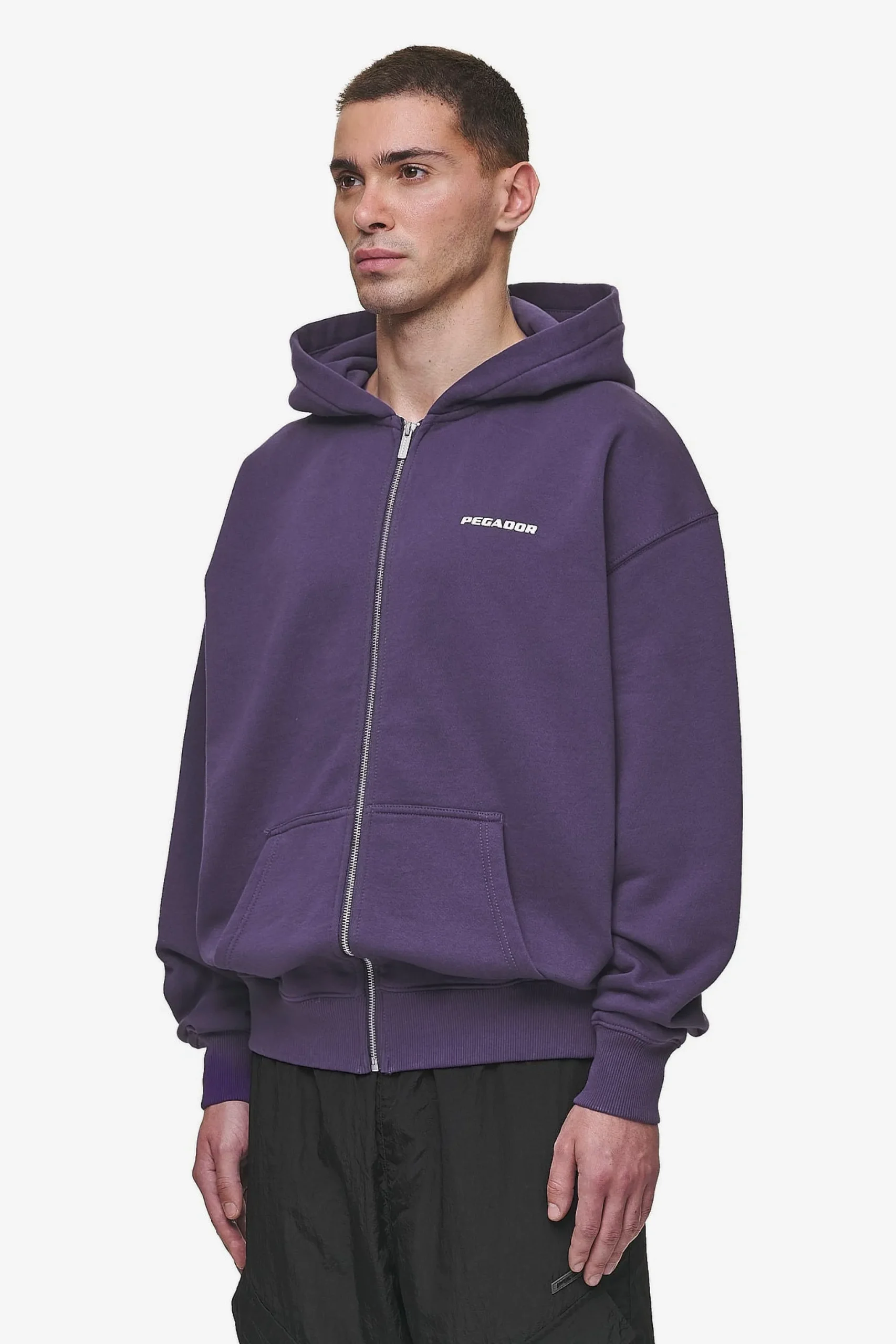 Pegador Hoodies|Zip Hoodies|Colne Logo Oversized Sweat Jacket Washed Deep Purple White