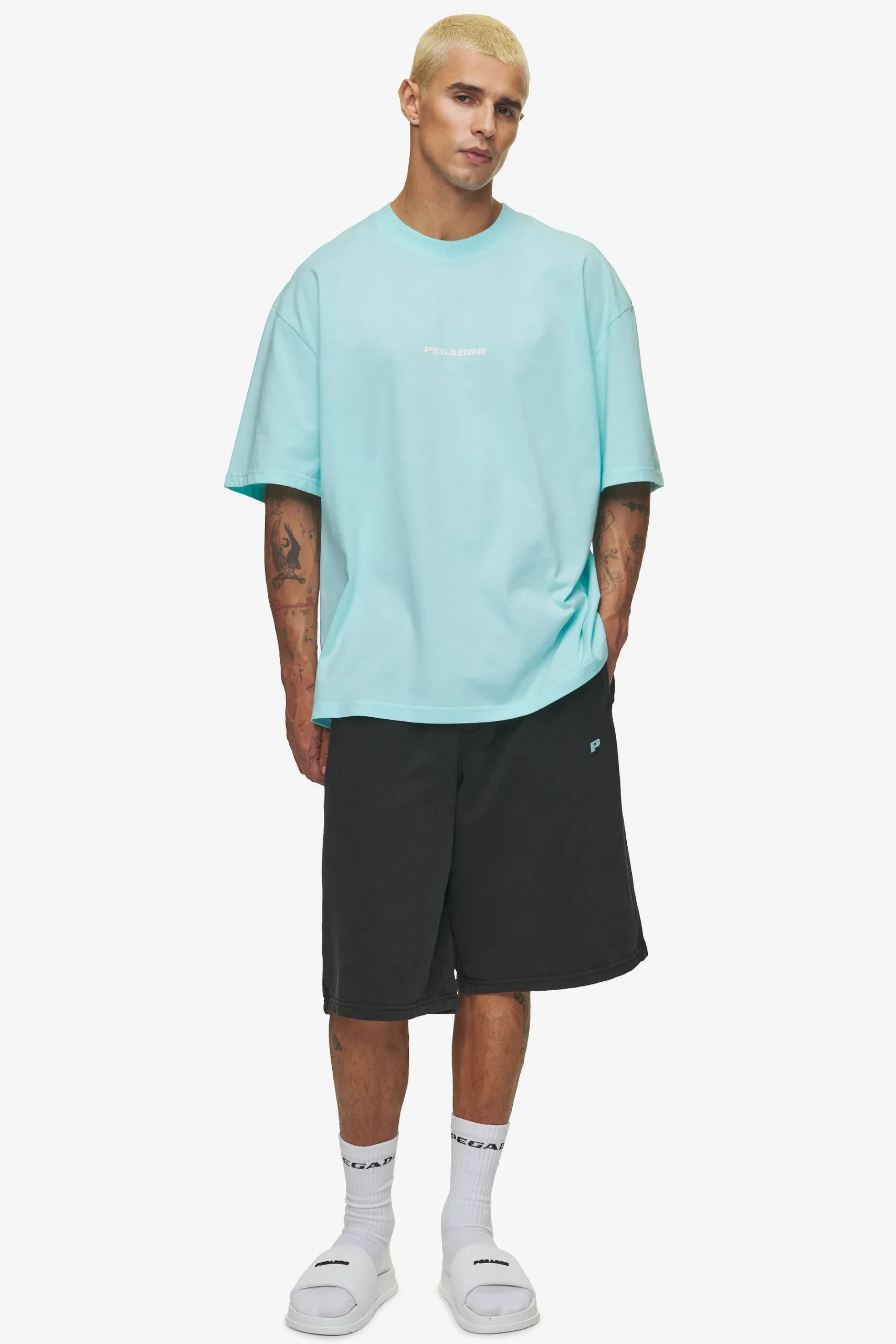 Pegador Tees|Colne Logo Oversized Tee White Washed sky blue