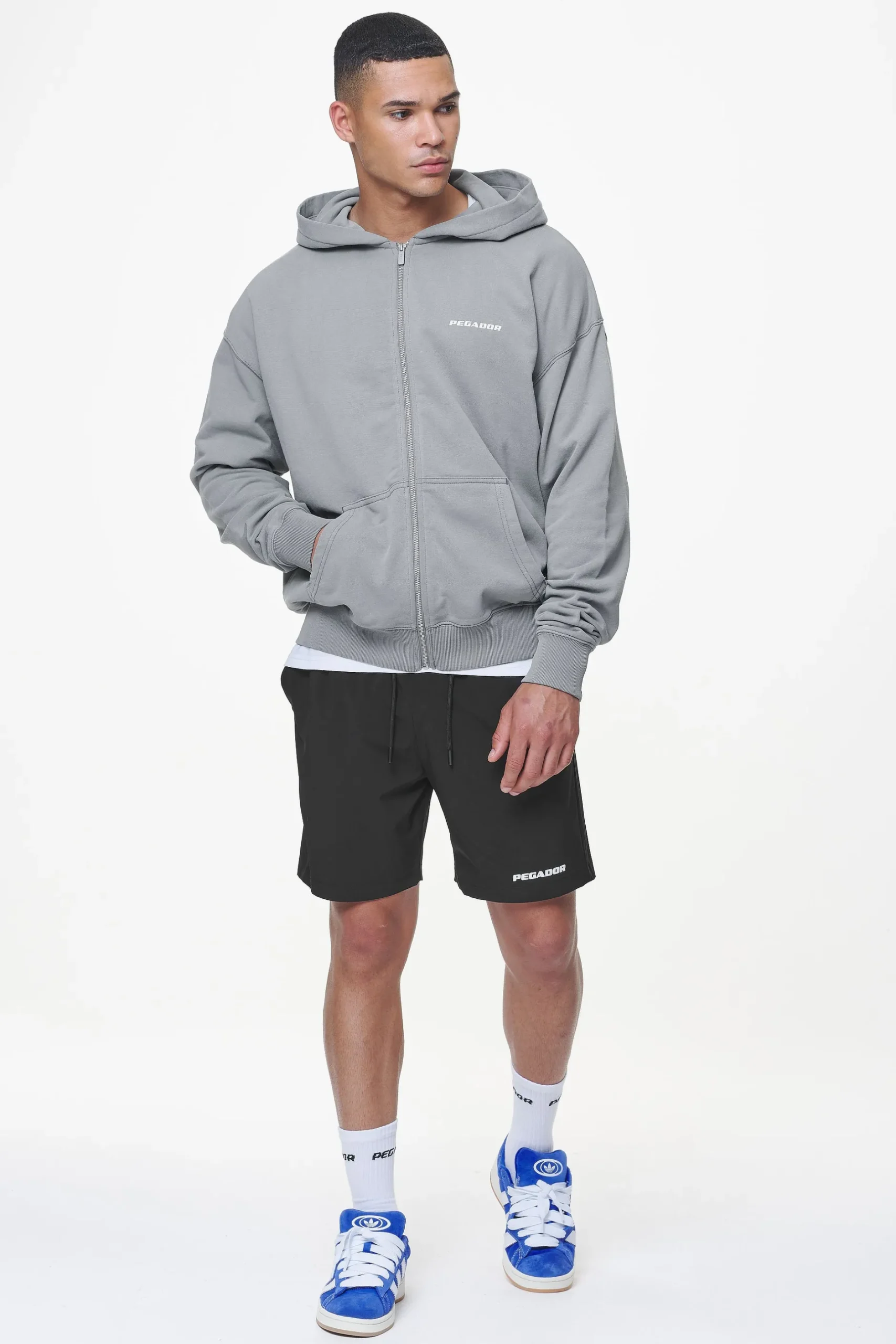 Pegador Hoodies|Zip Hoodies|Colne Terry Logo Oversized Sweat Jacket Heavy Washed Cool Grey