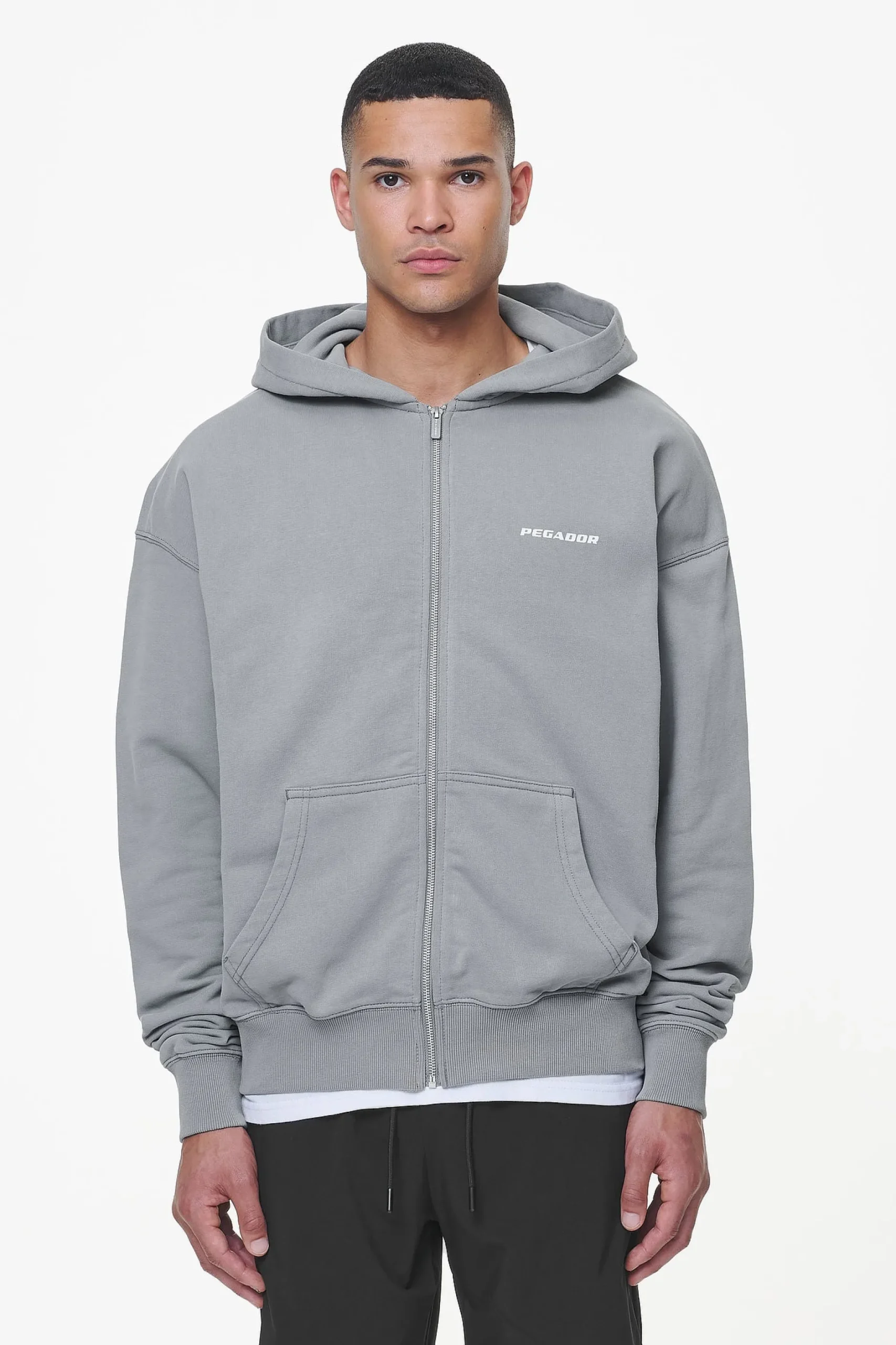 Pegador Hoodies|Zip Hoodies|Colne Terry Logo Oversized Sweat Jacket Heavy Washed Cool Grey