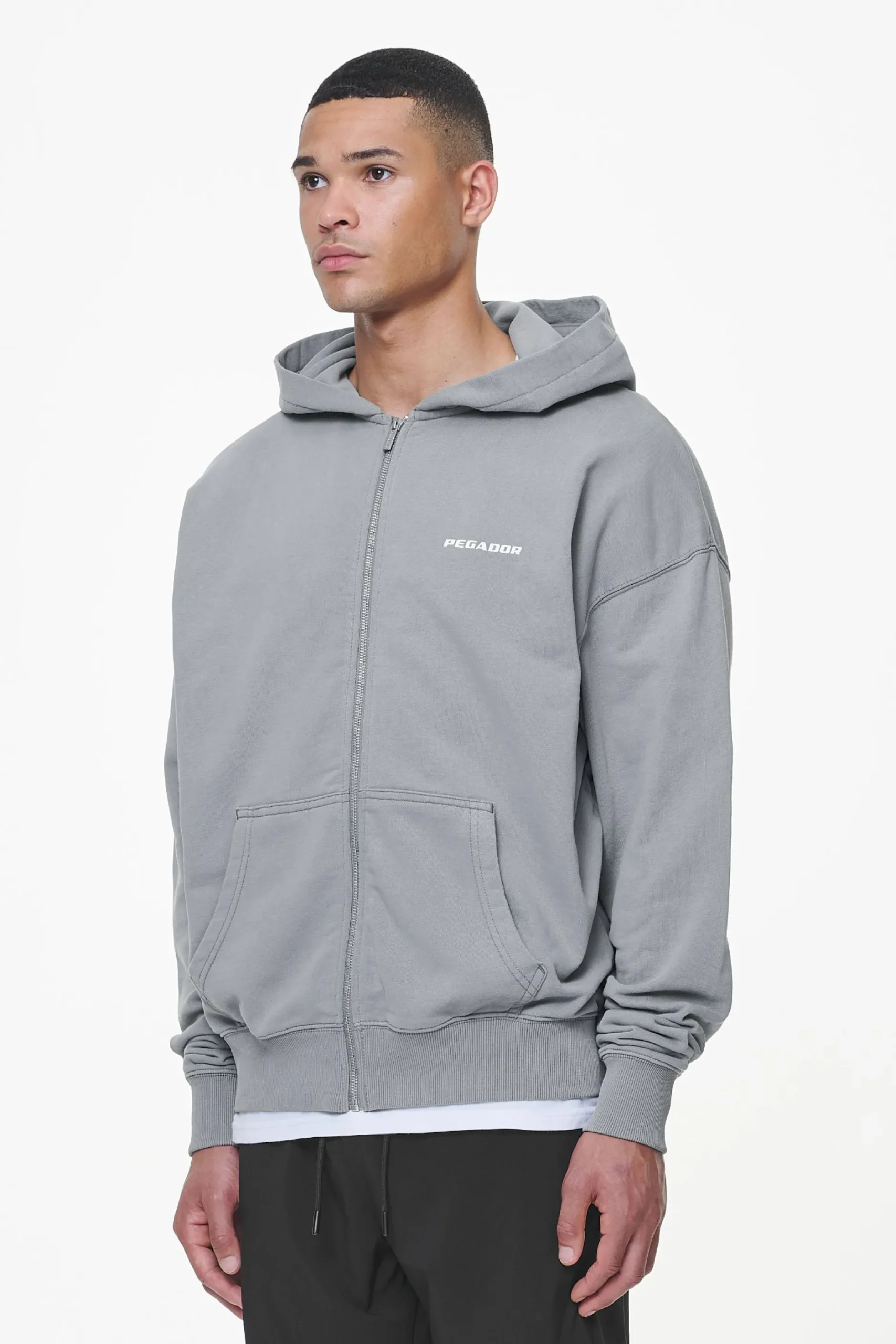Pegador Hoodies|Zip Hoodies|Colne Terry Logo Oversized Sweat Jacket Heavy Washed Cool Grey