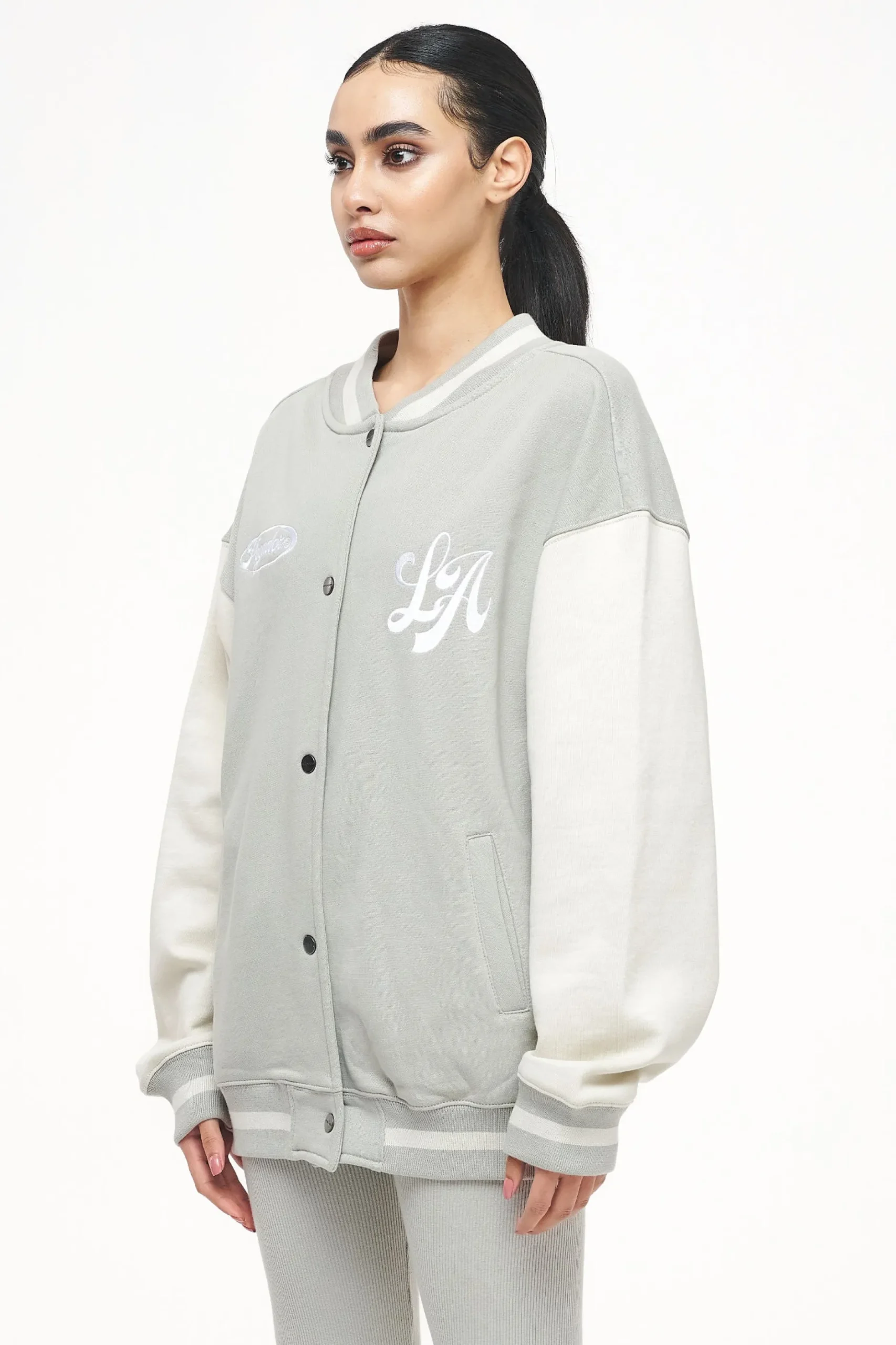 Pegador Jackets|Dale Oversized Varsity Jacket Vintage Washed Quiet Gray Angels Cream