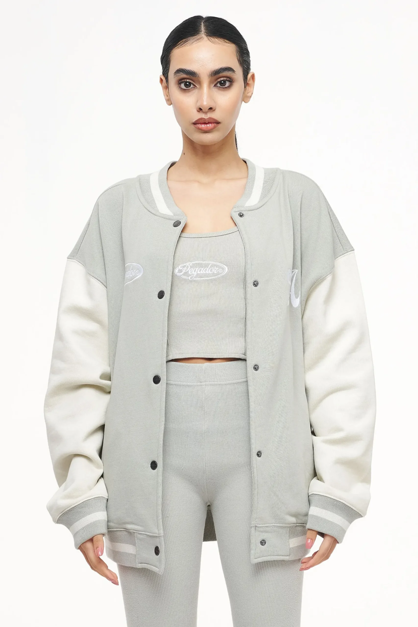 Pegador Jackets|Dale Oversized Varsity Jacket Vintage Washed Quiet Gray Angels Cream