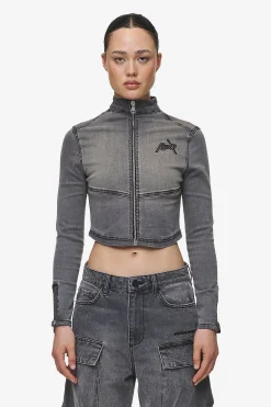 Pegador Tops|Elly Denim Biker Jacket Washed Deep Grey