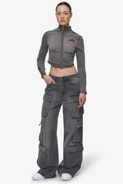 Pegador Tops|Elly Denim Biker Jacket Washed Deep Grey