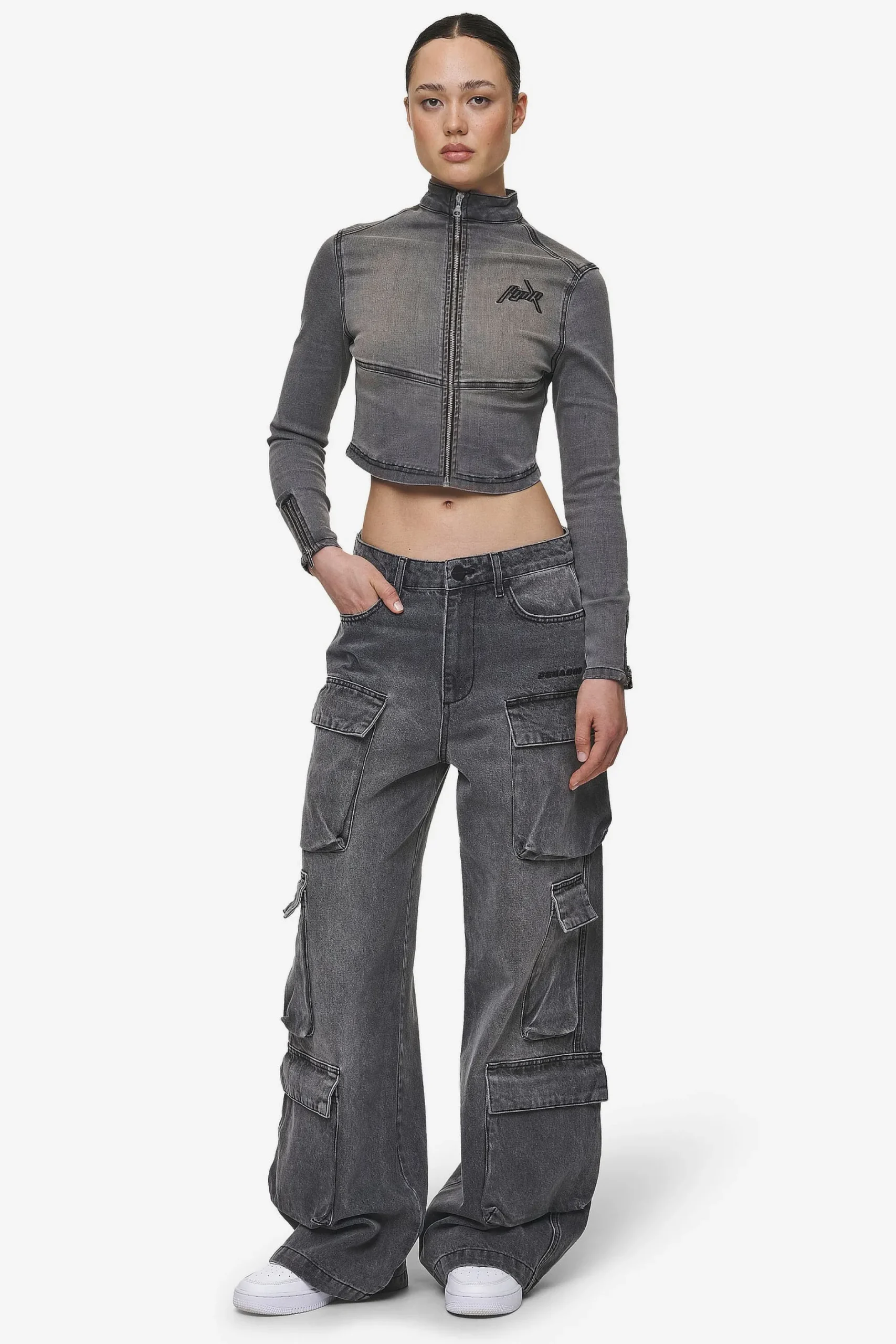 Pegador Tops|Elly Denim Biker Jacket Washed Deep Grey
