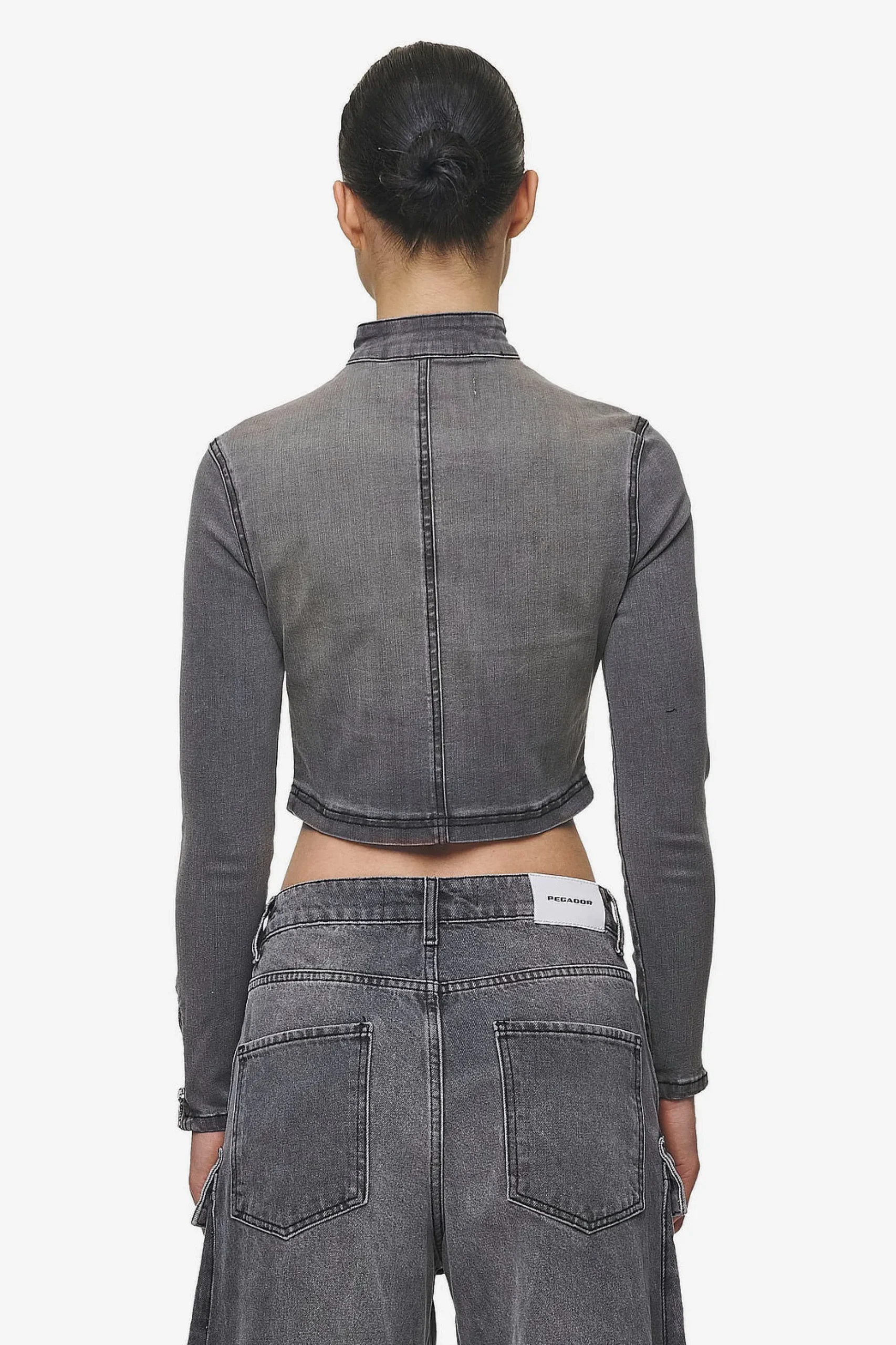 Pegador Tops|Elly Denim Biker Jacket Washed Deep Grey