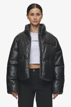 Pegador Jackets|Georgia Faux Leather Puffer Jacket Metal Logo Black
