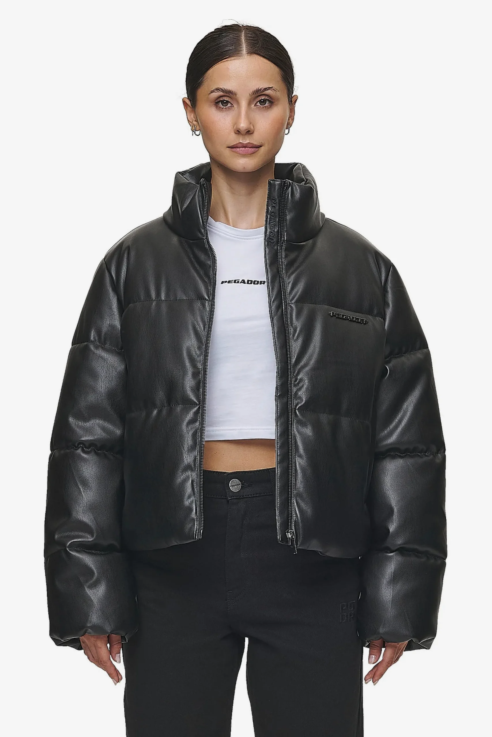 Pegador Jackets|Georgia Faux Leather Puffer Jacket Metal Logo Black