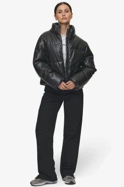 Pegador Jackets|Georgia Faux Leather Puffer Jacket Metal Logo Black