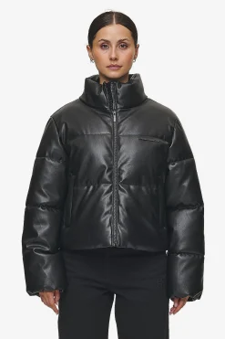 Pegador Jackets|Georgia Faux Leather Puffer Jacket Metal Logo Black