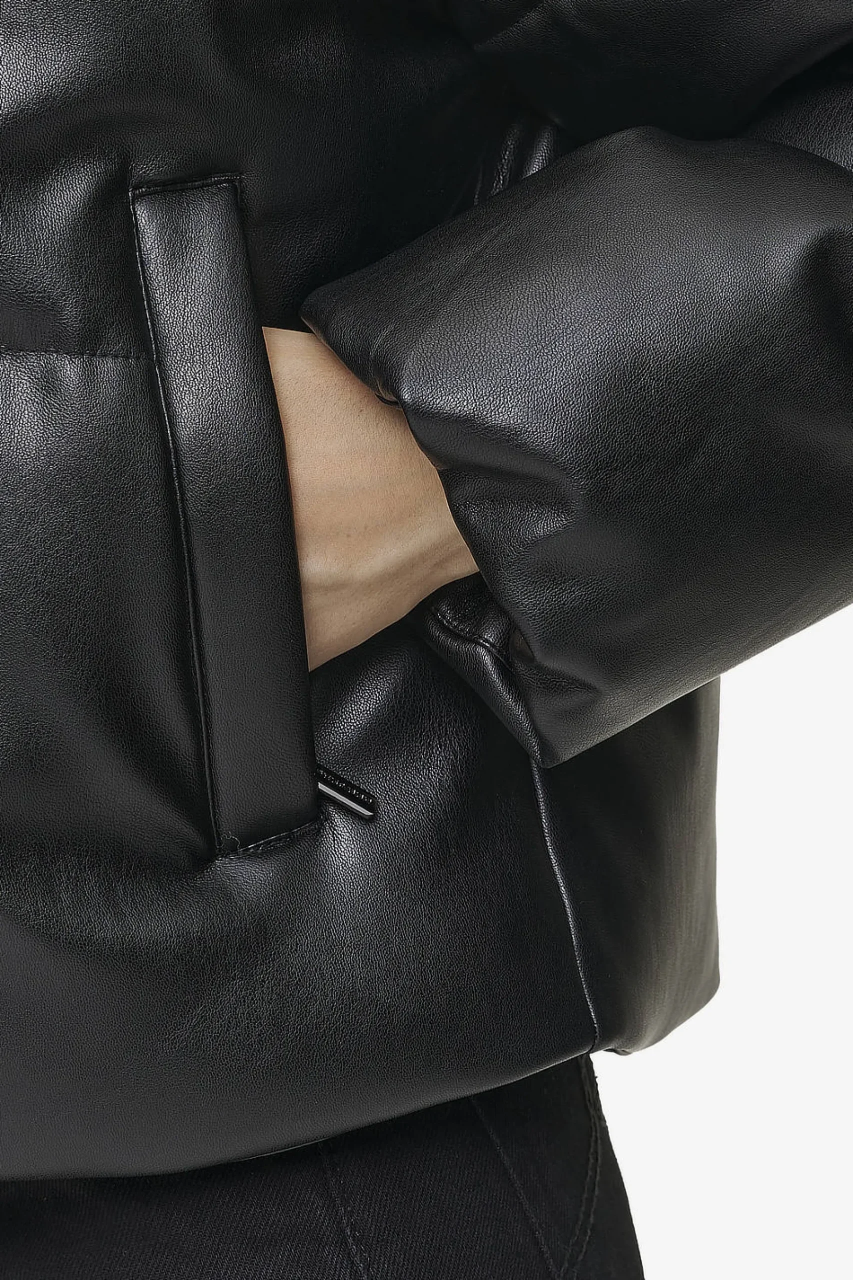 Pegador Jackets|Georgia Faux Leather Puffer Jacket Metal Logo Black