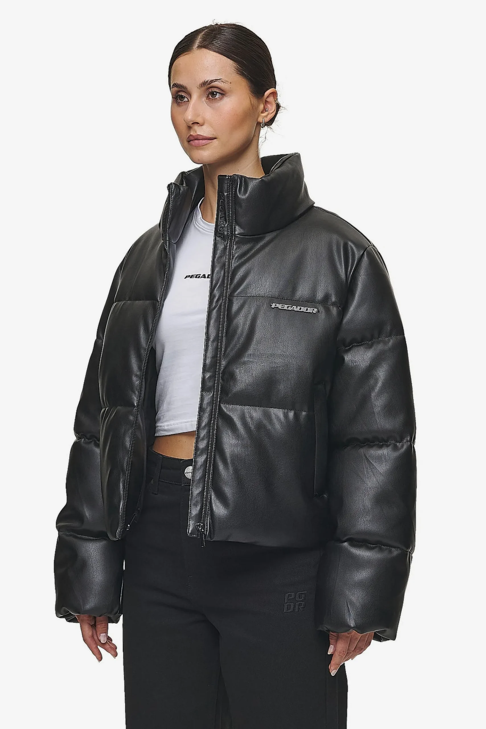 Pegador Jackets|Georgia Faux Leather Puffer Jacket Metal Logo Black