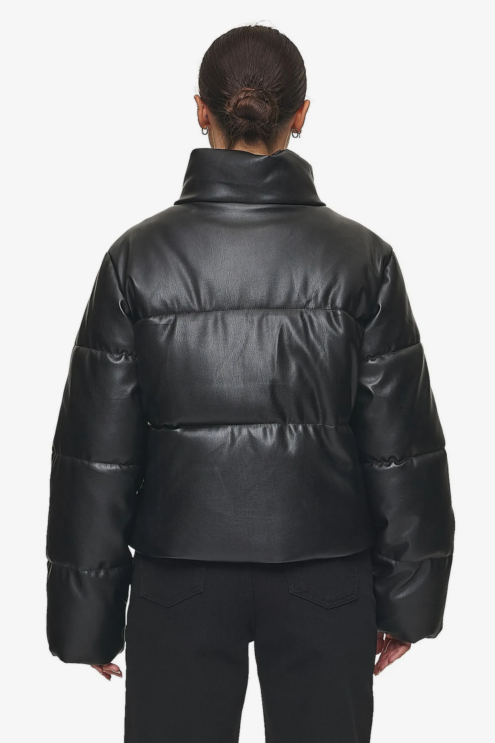 Pegador Jackets|Georgia Faux Leather Puffer Jacket Metal Logo Black