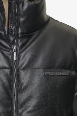 Pegador Jackets|Georgia Faux Leather Puffer Jacket Metal Logo Black