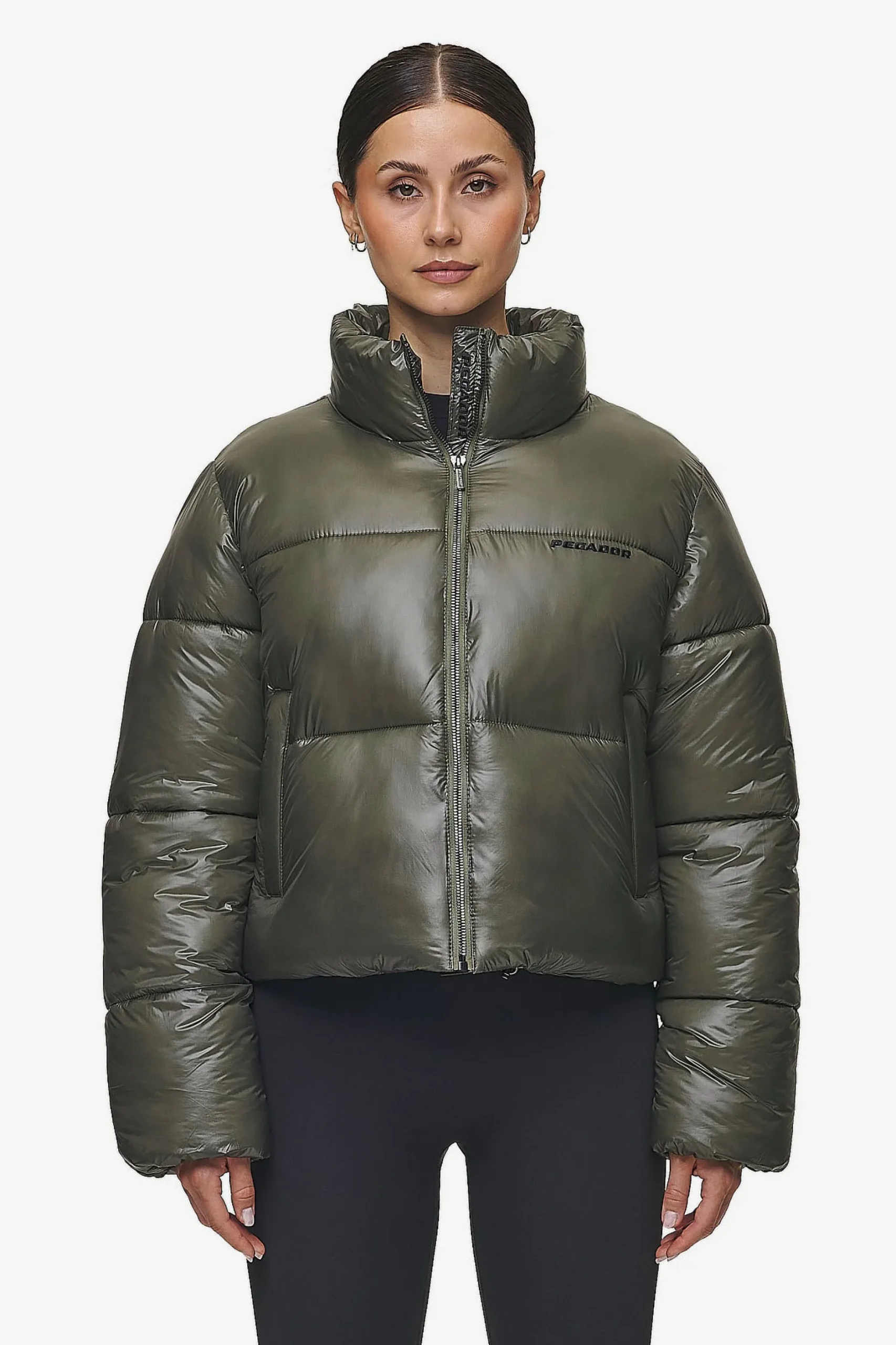 Pegador Jackets|Georgia Light Glossy Puffer Jacket Mud Olive