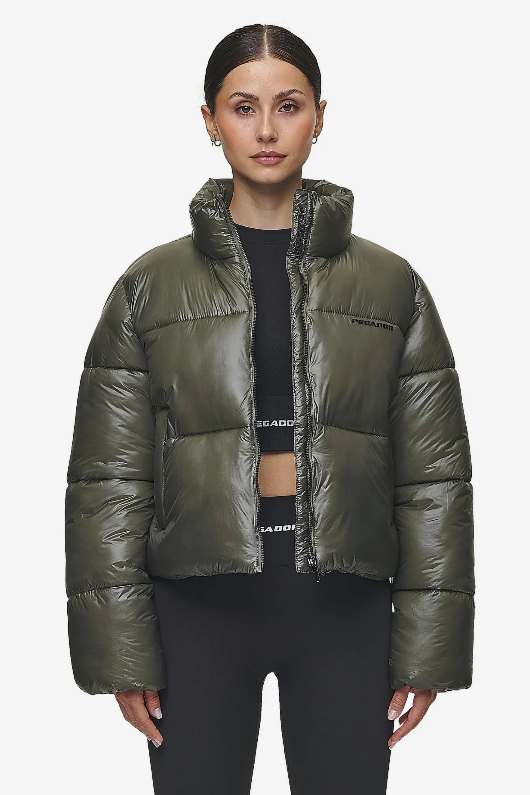 Pegador Jackets|Georgia Light Glossy Puffer Jacket Mud Olive