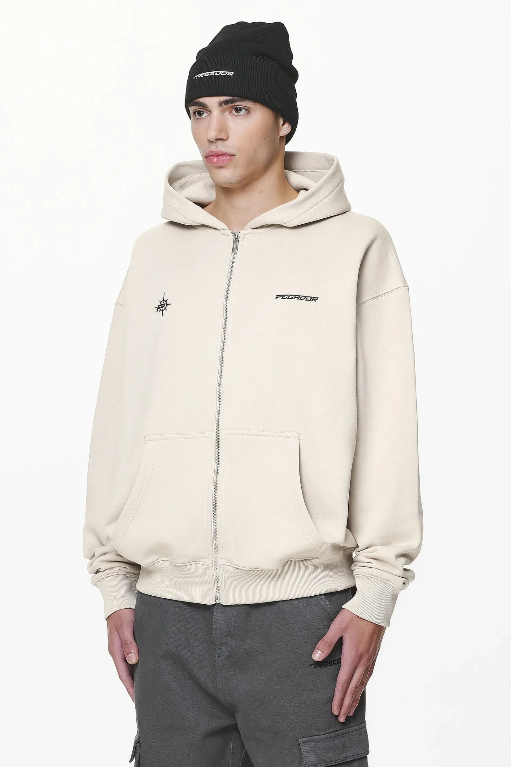 Pegador Hoodies|Zip Hoodies|Gien Oversized Sweat Jacket Washed Dust Cream
