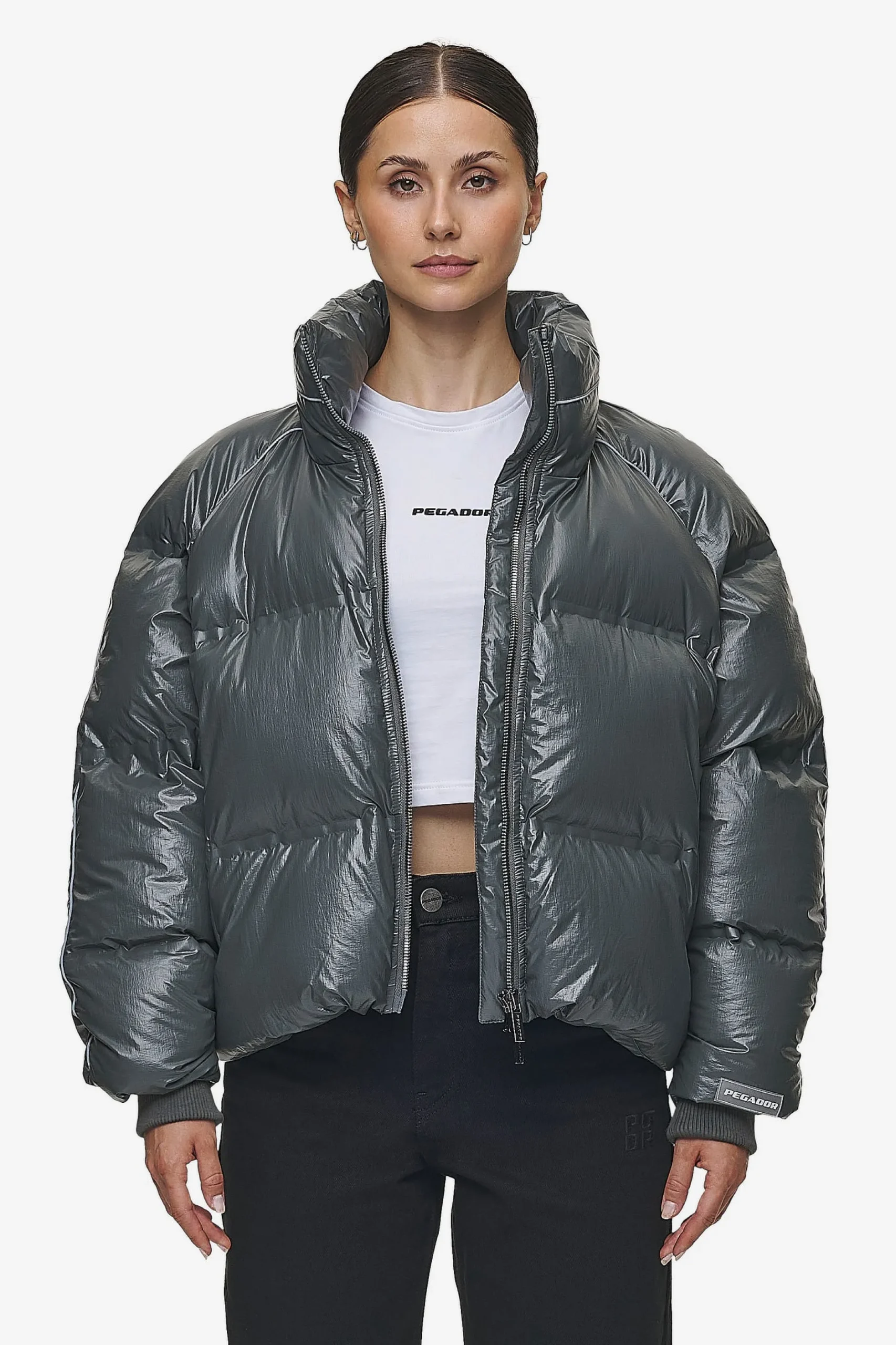 Pegador Jackets|Henra Crushed Glossy Oversized Raglan Puffer Jacket Anthracite