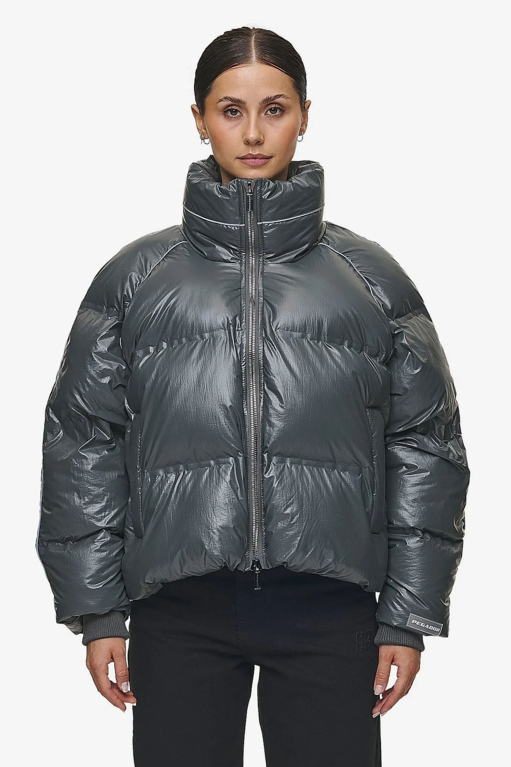 Pegador Jackets|Henra Crushed Glossy Oversized Raglan Puffer Jacket Anthracite