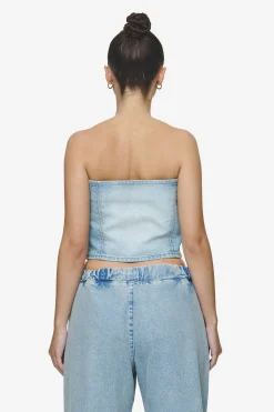 Pegador Tops|Miranda Denim Tube Top Washed Pale Blue Bleached Blue