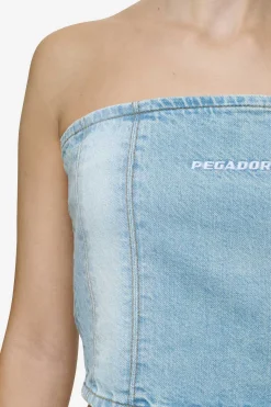 Pegador Tops|Miranda Denim Tube Top Washed Pale Blue Bleached Blue