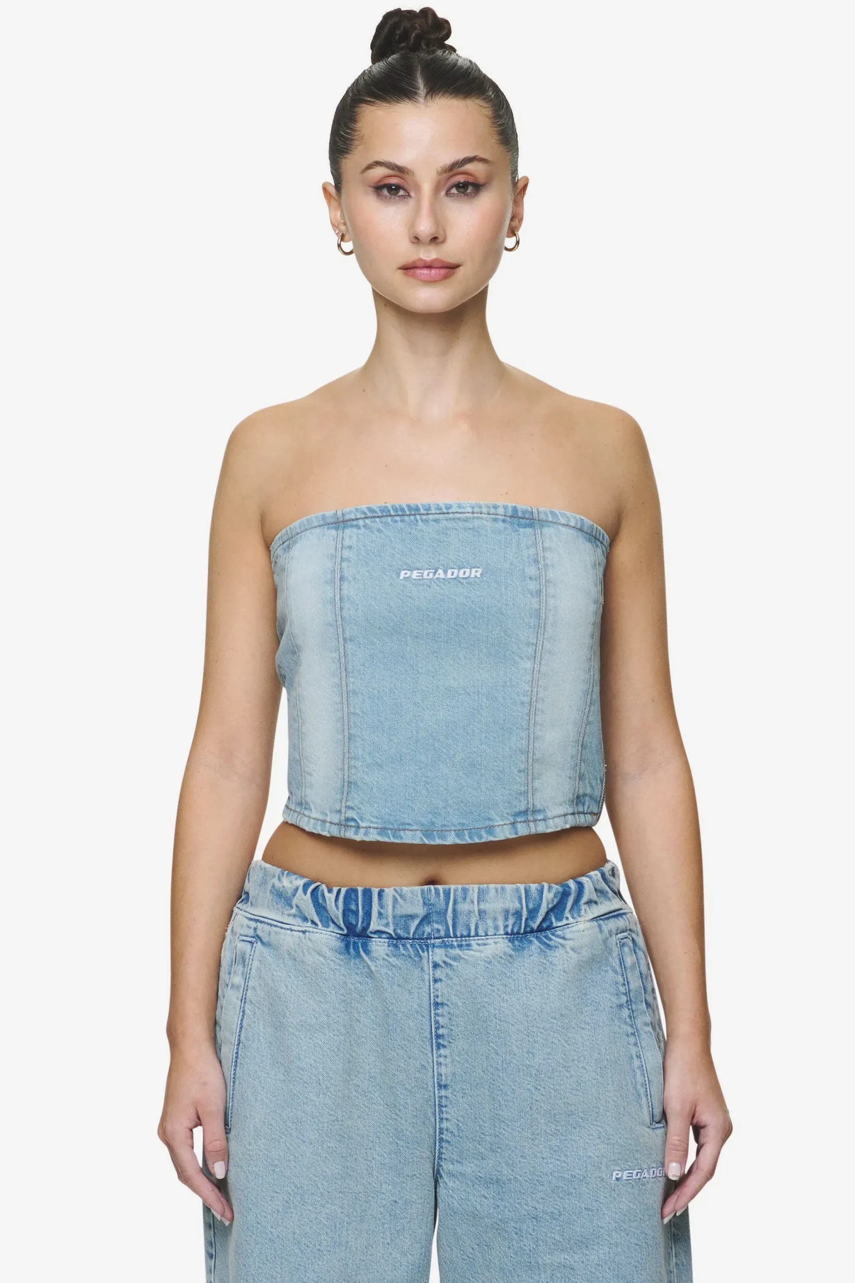 Pegador Tops|Miranda Denim Tube Top Washed Pale Blue Bleached Blue