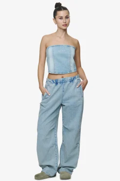 Pegador Tops|Miranda Denim Tube Top Washed Pale Blue Bleached Blue