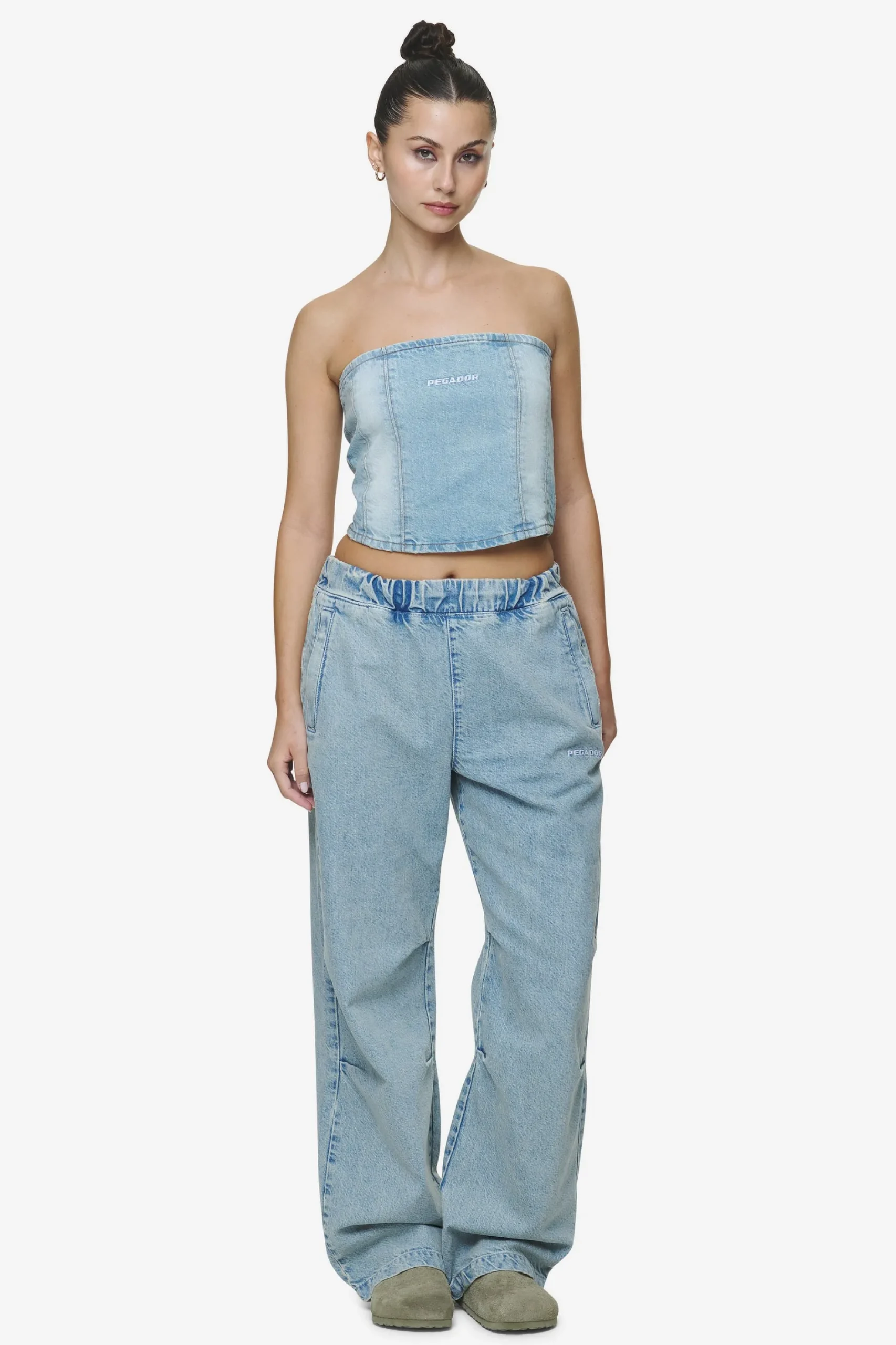 Pegador Tops|Miranda Denim Tube Top Washed Pale Blue Bleached Blue