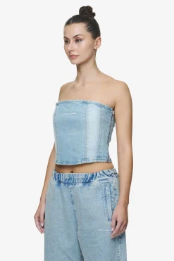Pegador Tops|Miranda Denim Tube Top Washed Pale Blue Bleached Blue