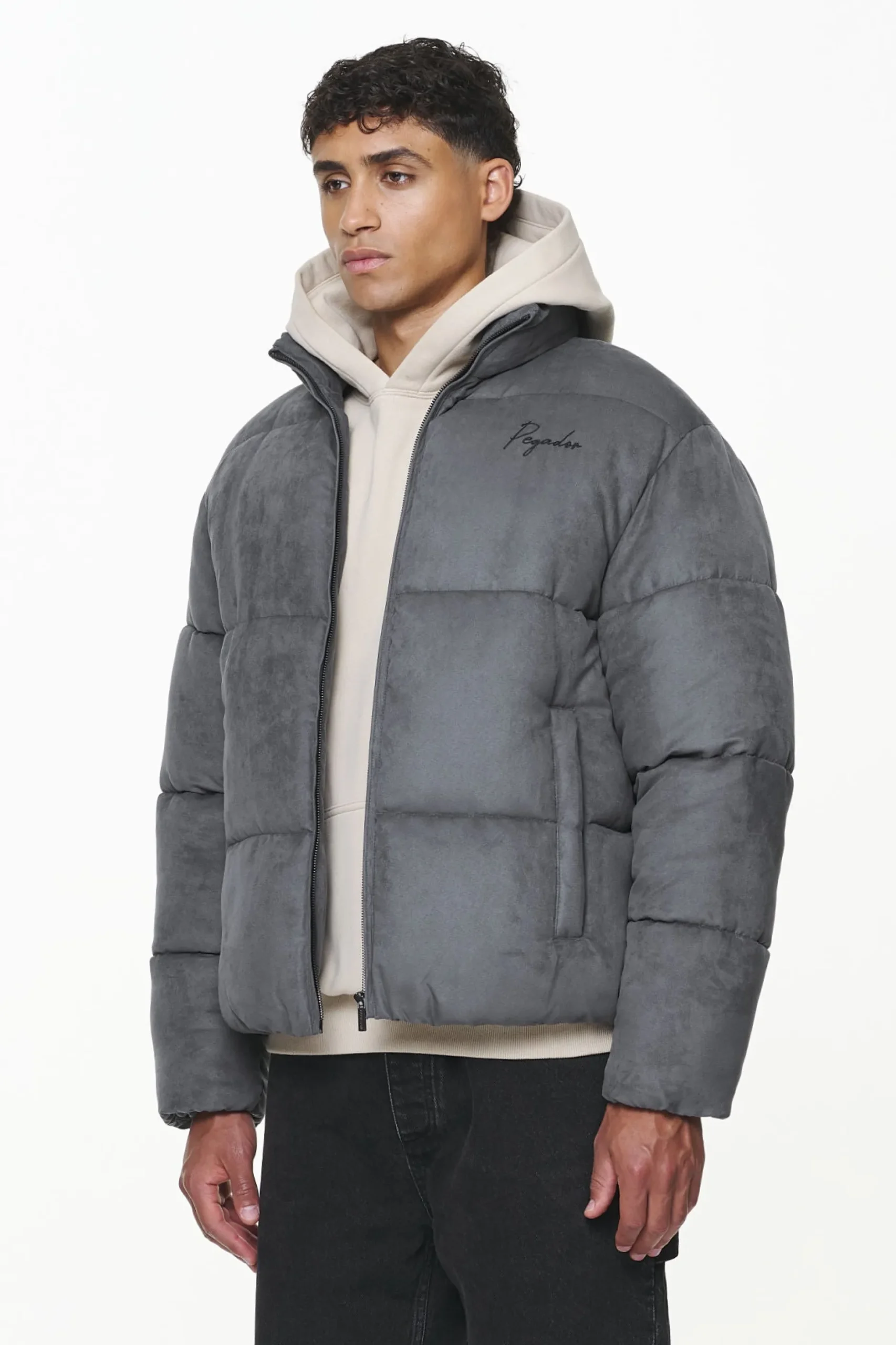 Pegador Jackets|Neum Suede Puffer Jacket Dark Grey