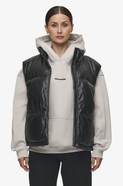 Pegador Vests|Priory Faux Leather Puffer Vest Metal Logo Black