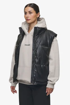 Pegador Vests|Priory Faux Leather Puffer Vest Metal Logo Black