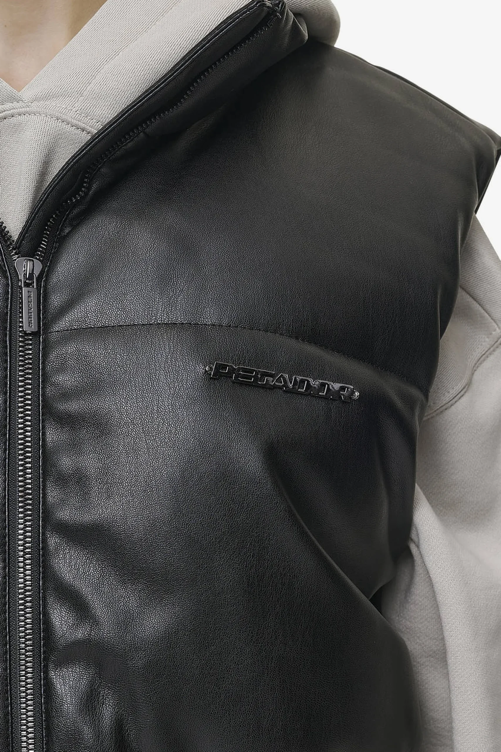 Pegador Vests|Priory Faux Leather Puffer Vest Metal Logo Black