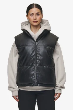 Pegador Vests|Priory Faux Leather Puffer Vest Metal Logo Black
