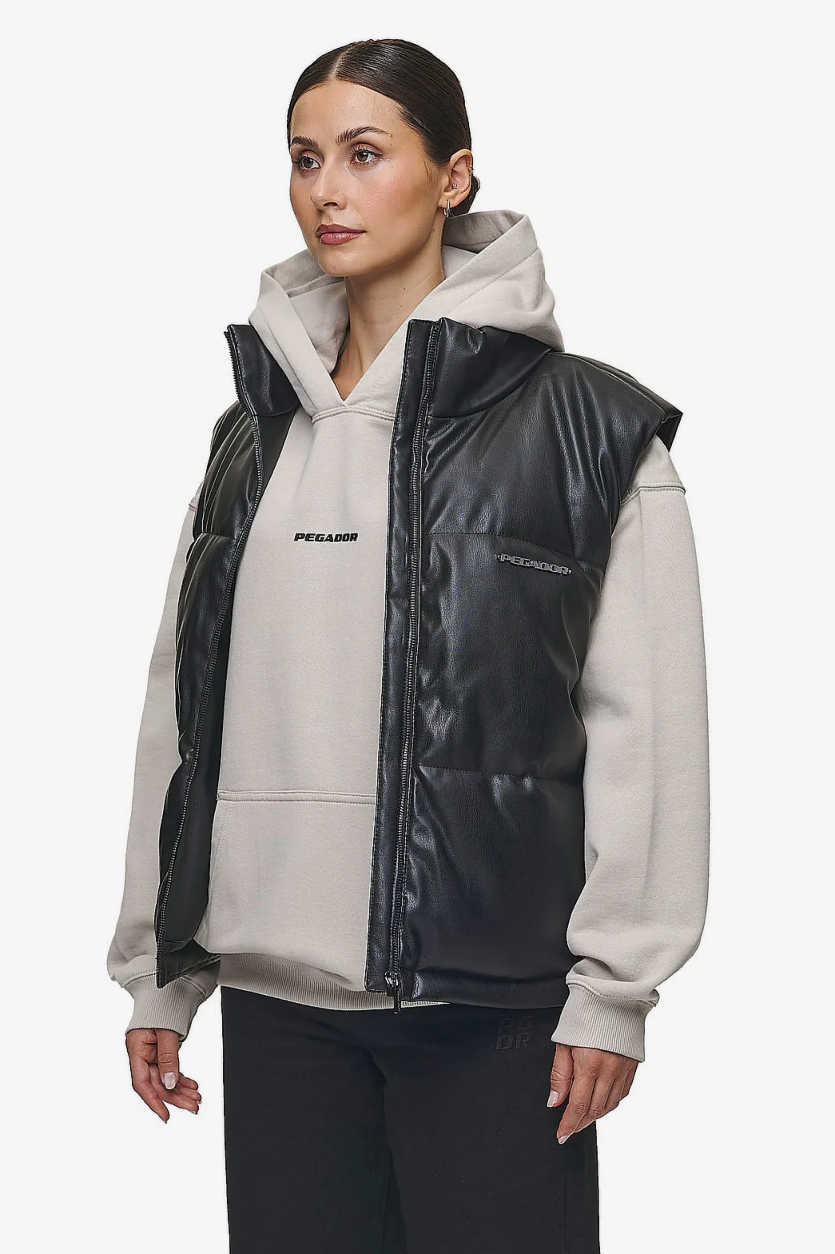 Pegador Vests|Priory Faux Leather Puffer Vest Metal Logo Black