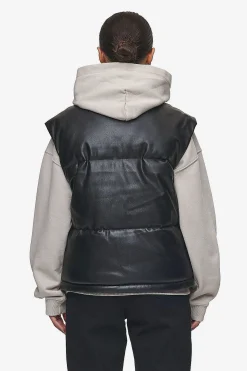 Pegador Vests|Priory Faux Leather Puffer Vest Metal Logo Black