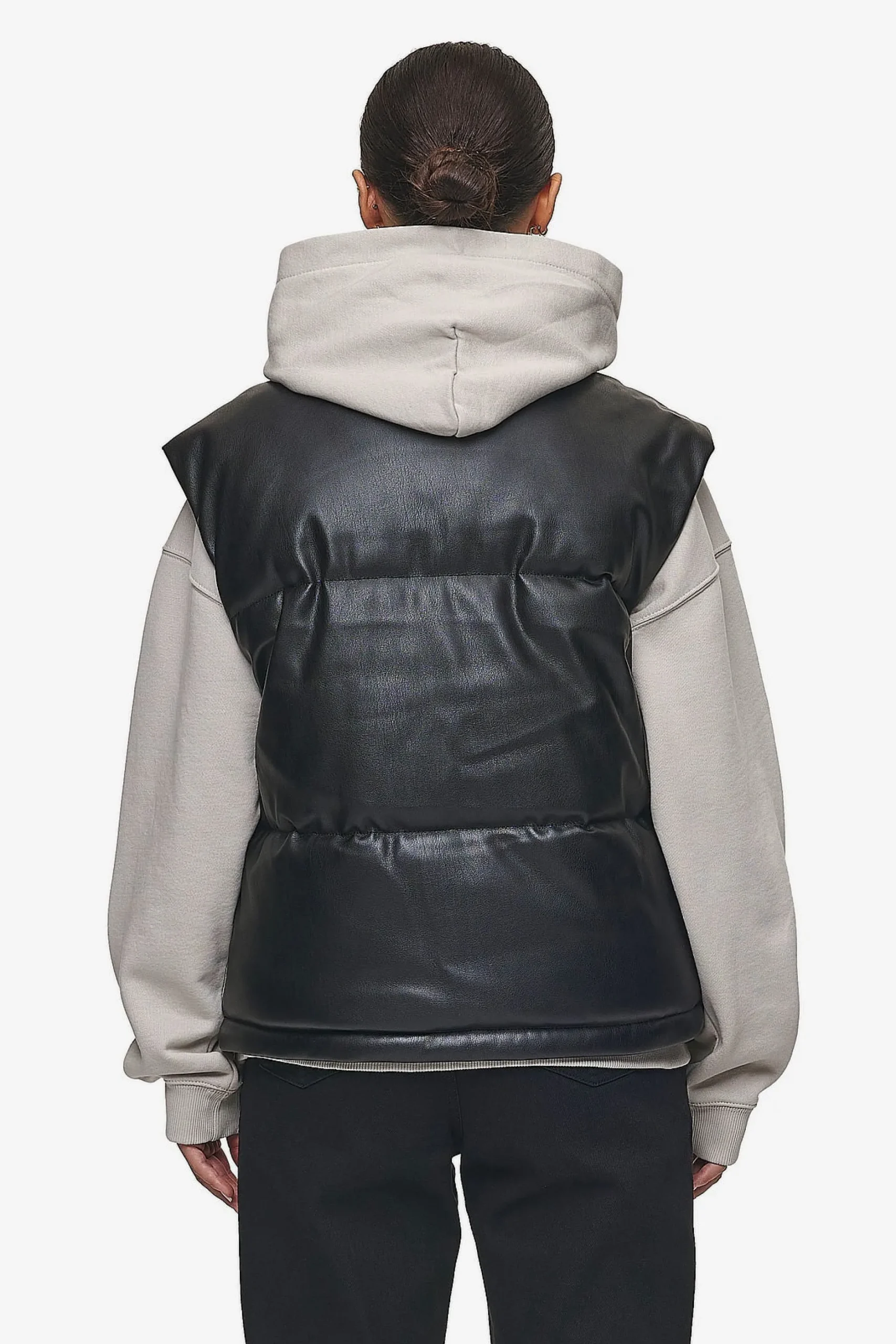 Pegador Vests|Priory Faux Leather Puffer Vest Metal Logo Black