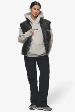 Pegador Vests|Priory Faux Leather Puffer Vest Metal Logo Black
