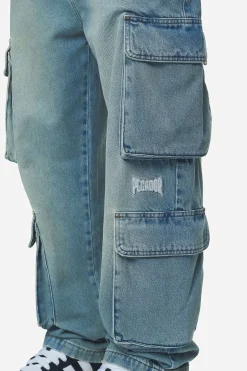 Pegador Jeans|Romain Wide Denim Cargo Pants Washed Vintage Blue