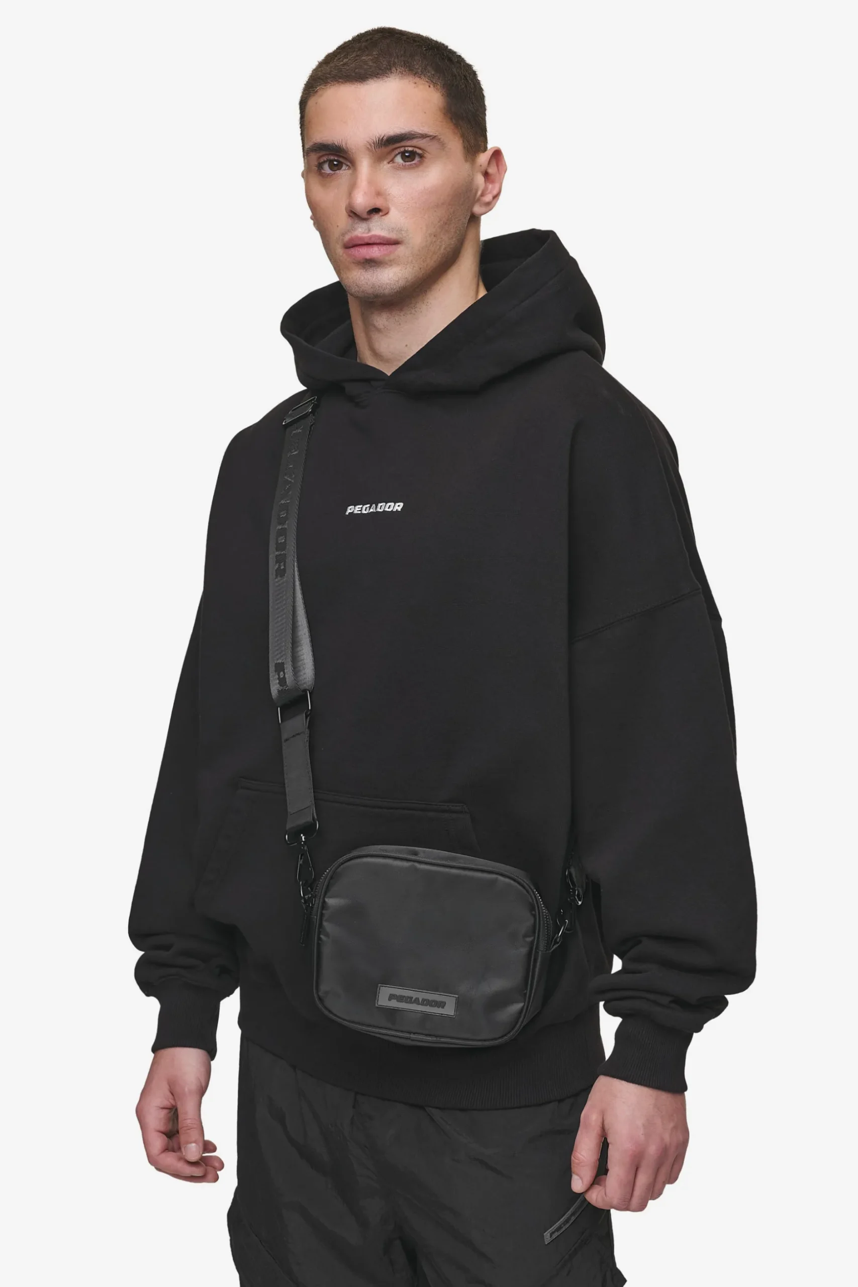 Pegador Bags|Bags|Rubber Logo Patch Nylon Shoulder Strap Bag Black