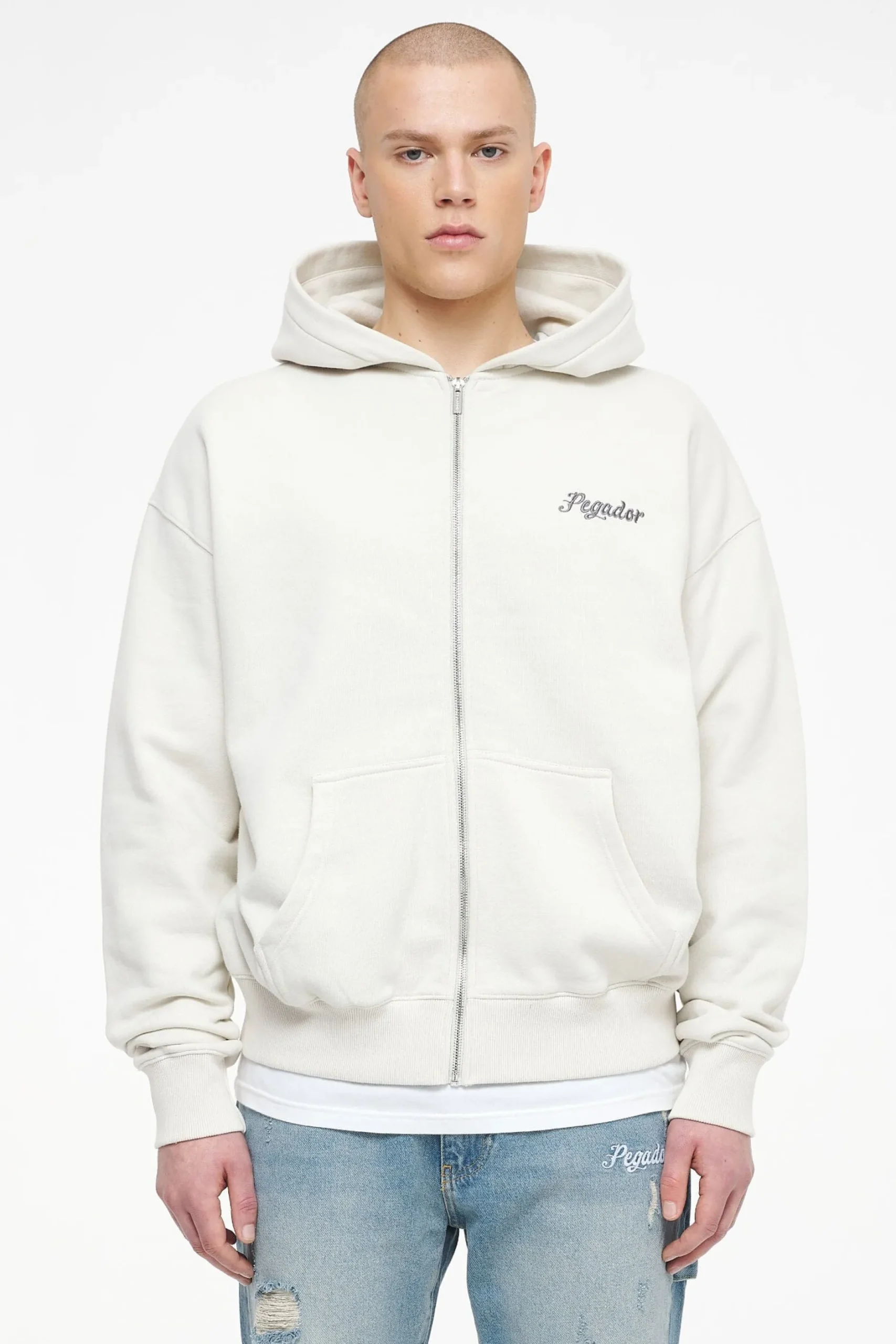 Pegador Hoodies|Zip Hoodies|West Oversized Sweat Jacket Vintage Washed Angels Cream